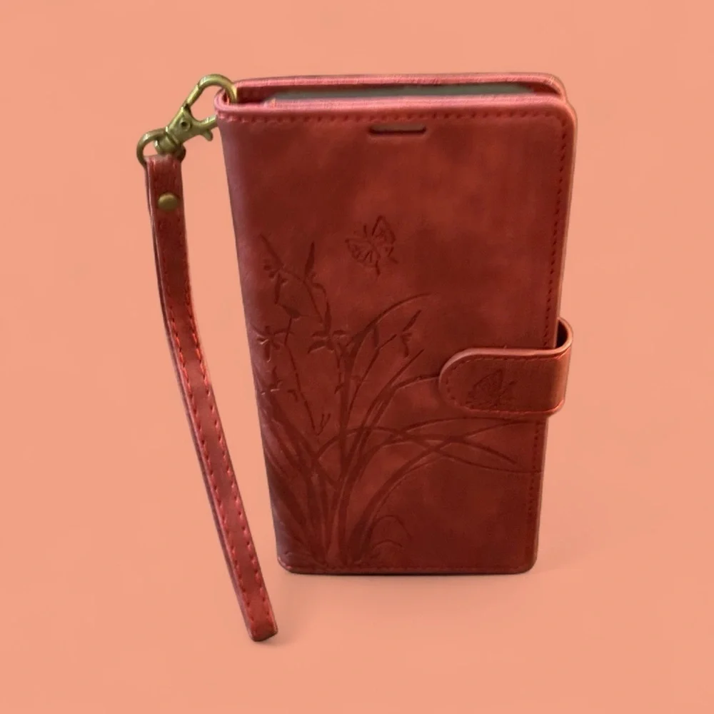 NWOT Elegant Red Embossed Women's Flower Faux Leather Flip Wallet IPhone Case